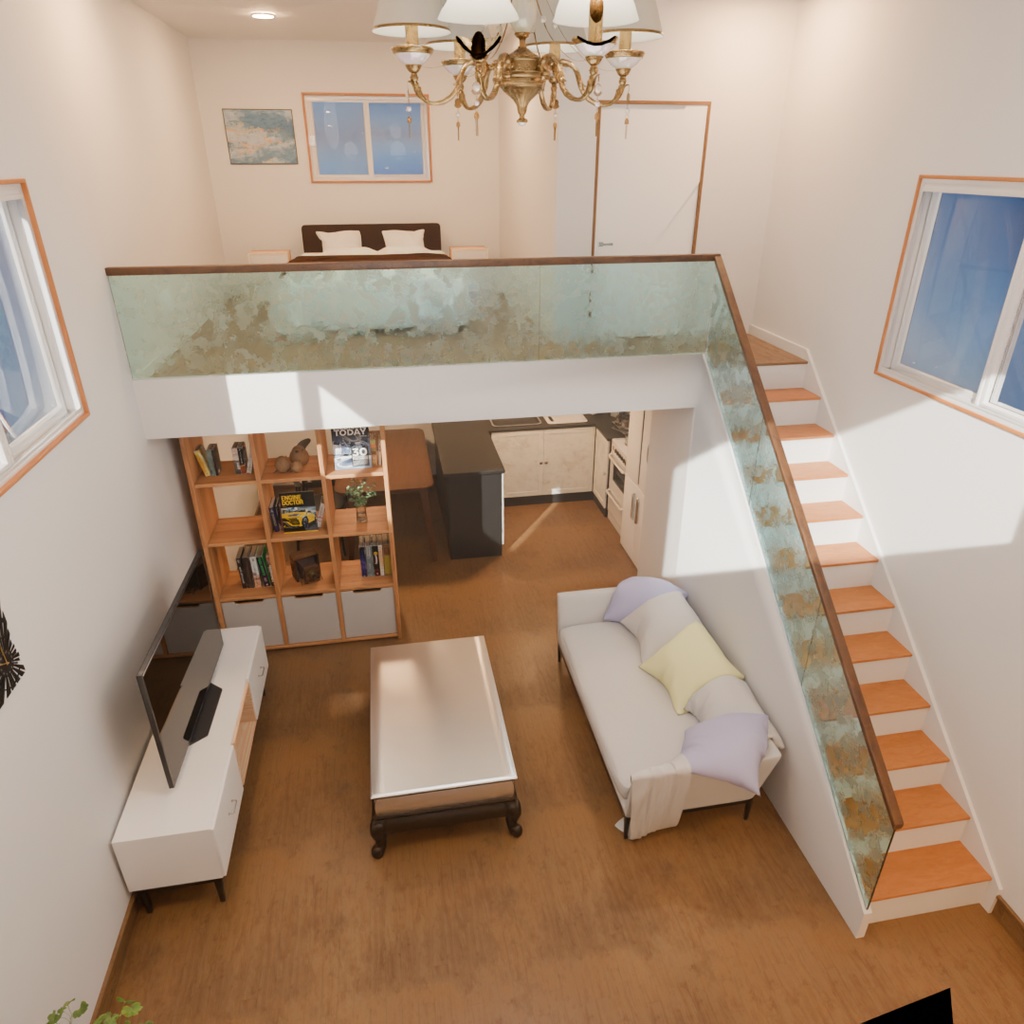 【Blender】 ロフトベッドのある部屋 A room with a loft living area