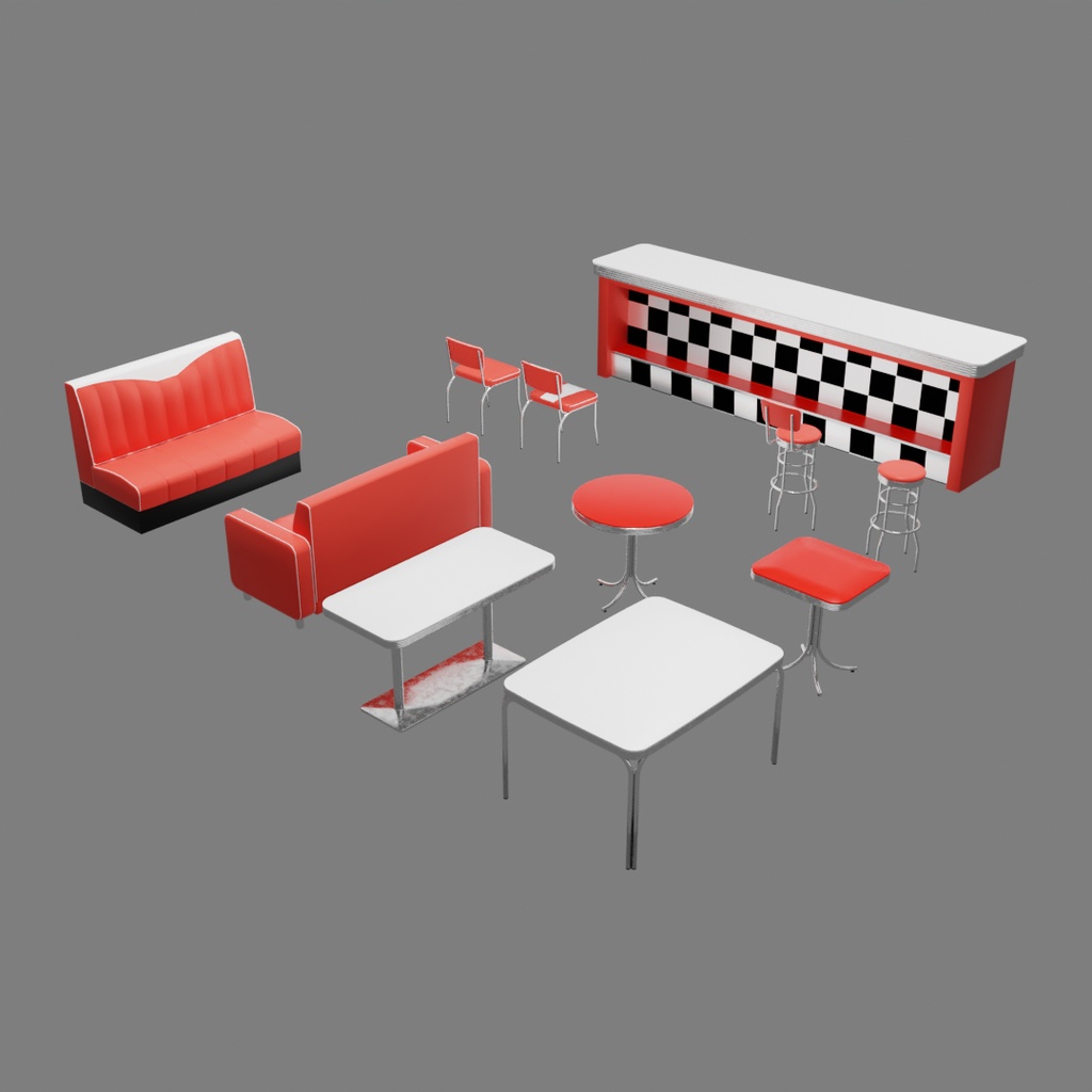 【Blender】 アメリカンダイナーの家具セット American Diner Furniture Set