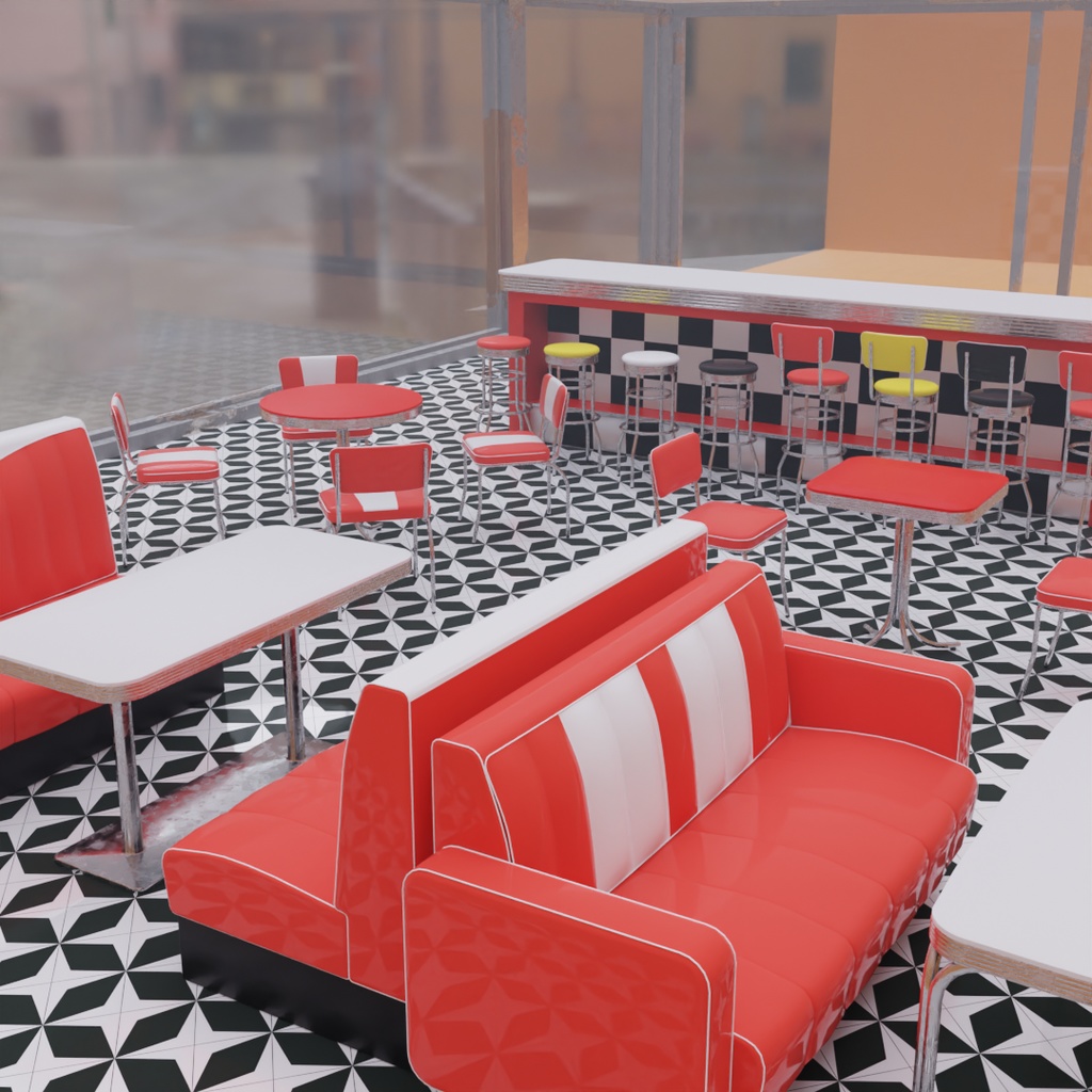 【Blender】 アメリカンダイナーの家具セット American Diner Furniture Set