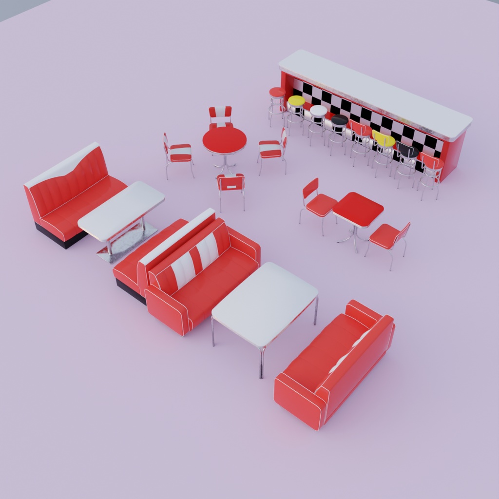 【Blender】 アメリカンダイナーの家具セット American Diner Furniture Set