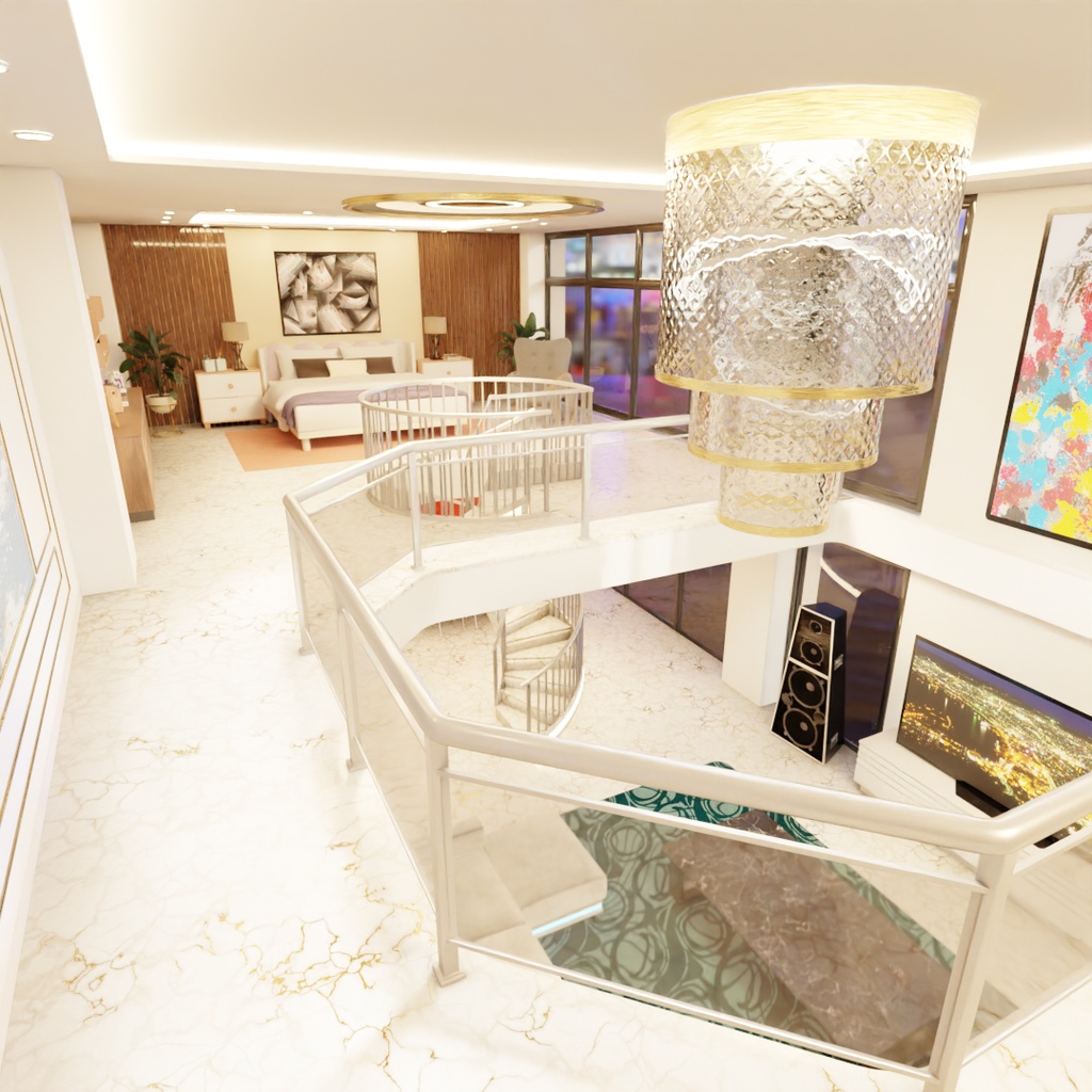 【Blender】大きな窓と螺旋階段のメゾネット Maisonette with large windows and a spiral staircase