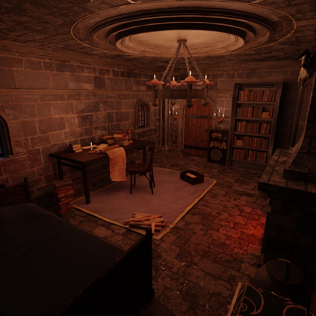 【Blender】中世ファンタジー世界の石造りの書斎　A stone study in a medieval fantasy world