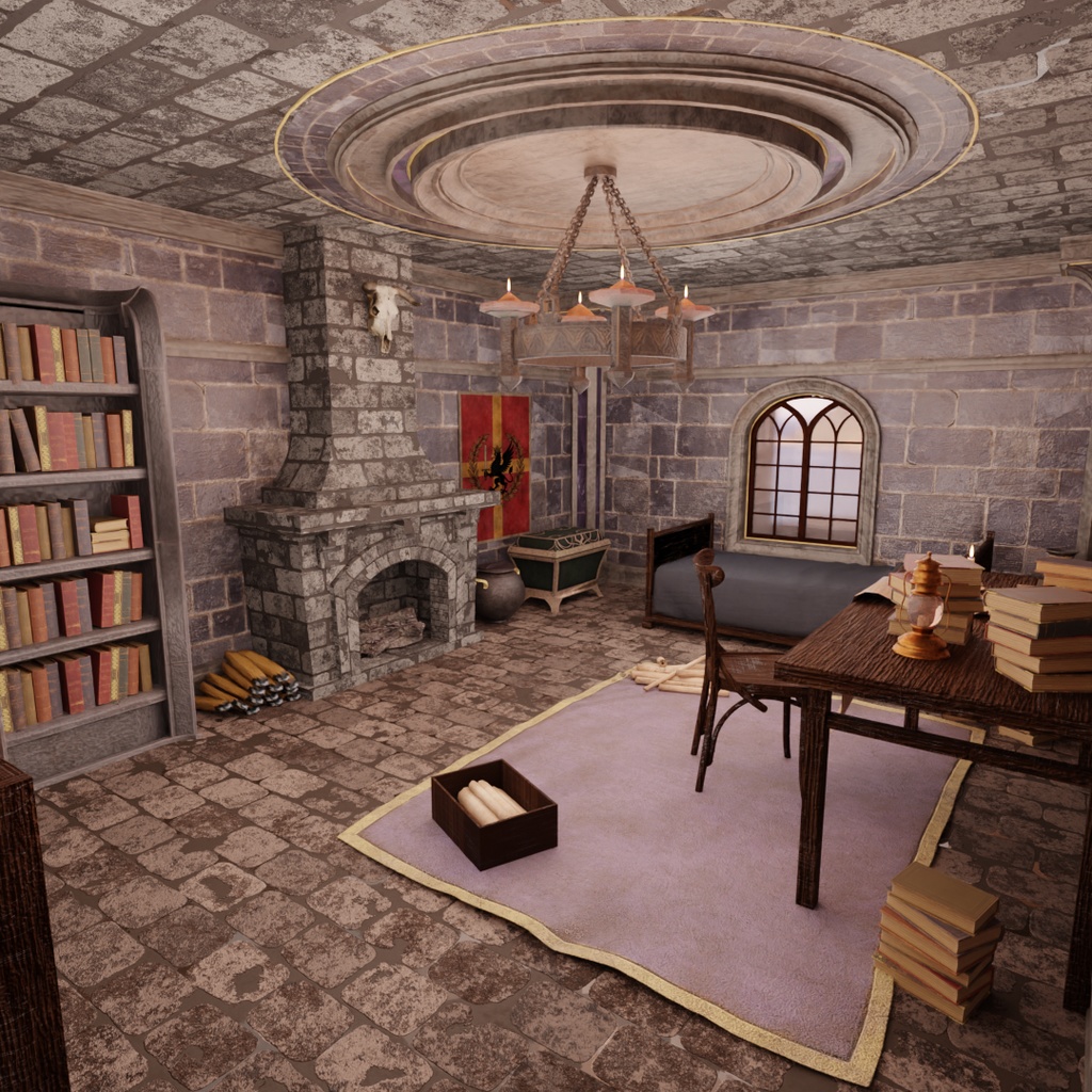 【Blender】中世ファンタジー世界の石造りの書斎 A stone study in a medieval fantasy world