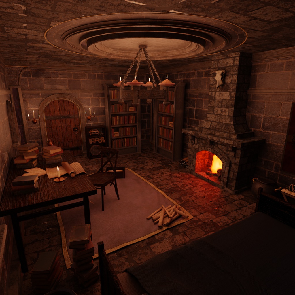 【Blender】中世ファンタジー世界の石造りの書斎 A stone study in a medieval fantasy world
