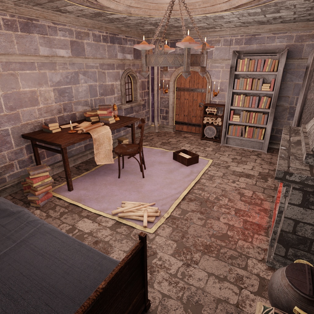 【Blender】中世ファンタジー世界の石造りの書斎 A stone study in a medieval fantasy world
