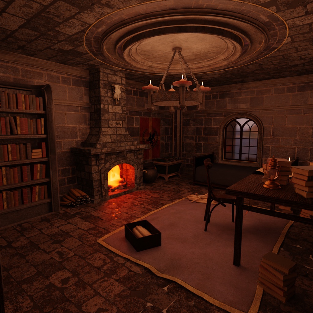 【Blender】中世ファンタジー世界の石造りの書斎 A stone study in a medieval fantasy world