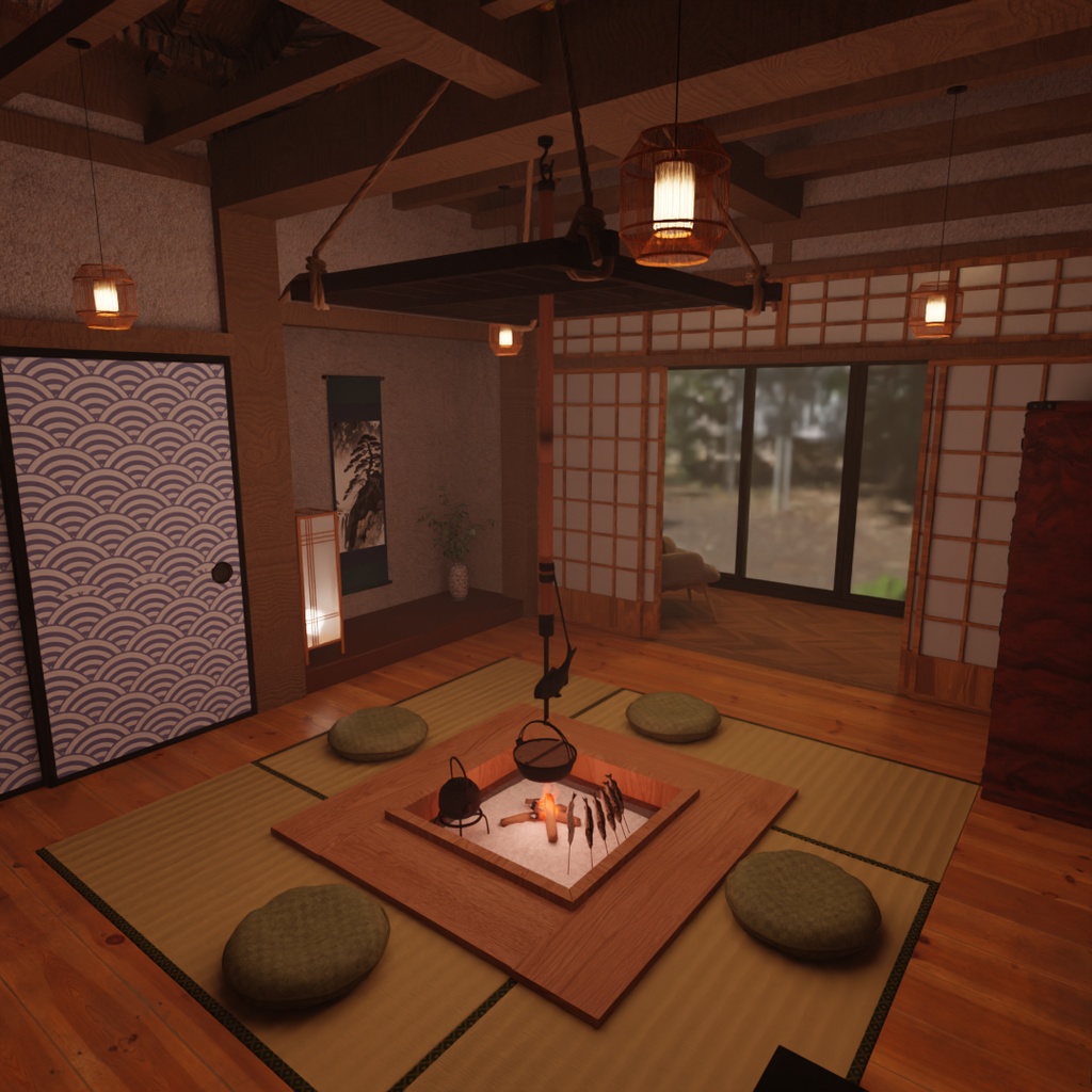 【Blender】古民家ホテル|囲炉裏のある和室と寝室セット Traditional Japanese Inn | Japanese-style Room with Irori Heater and Bedroom Set