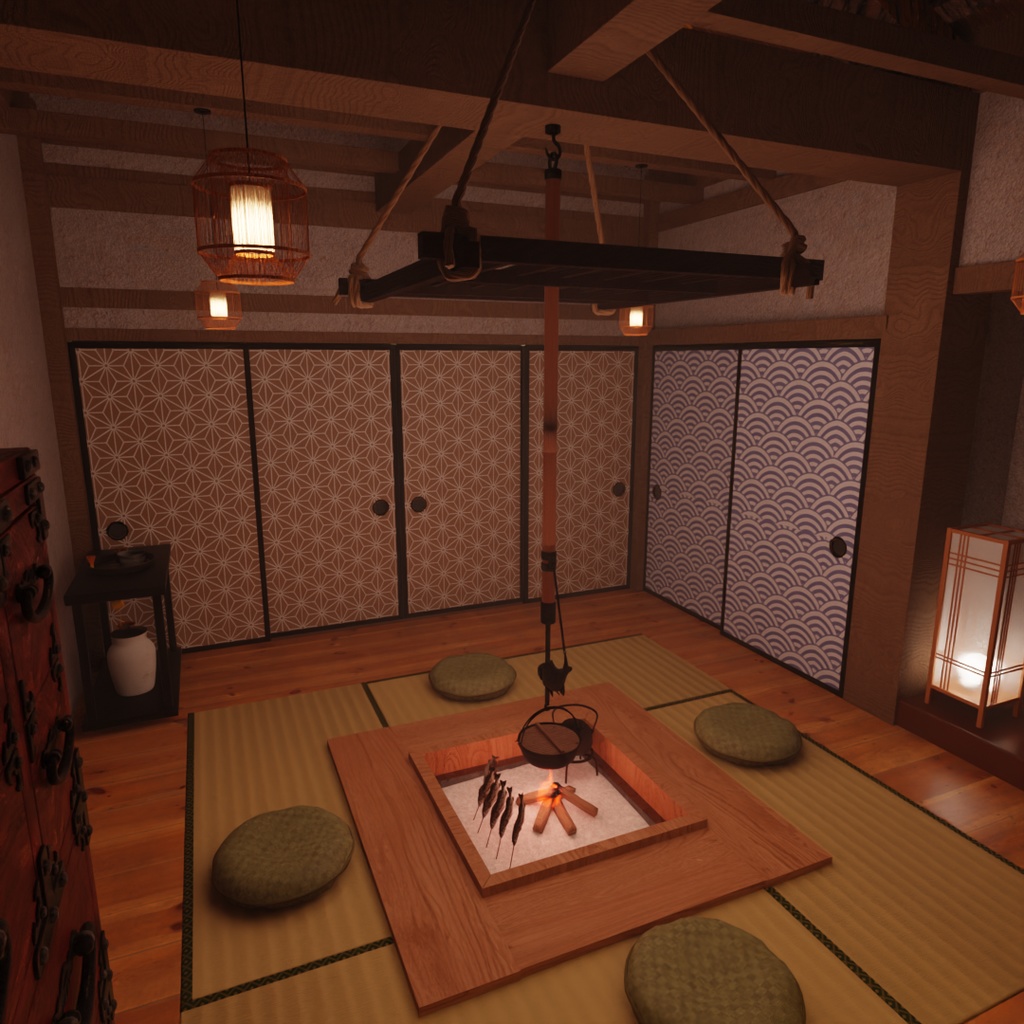 【Blender】古民家ホテル|囲炉裏のある和室と寝室セット Traditional Japanese Inn | Japanese-style Room with Irori Heater and Bedroom Set