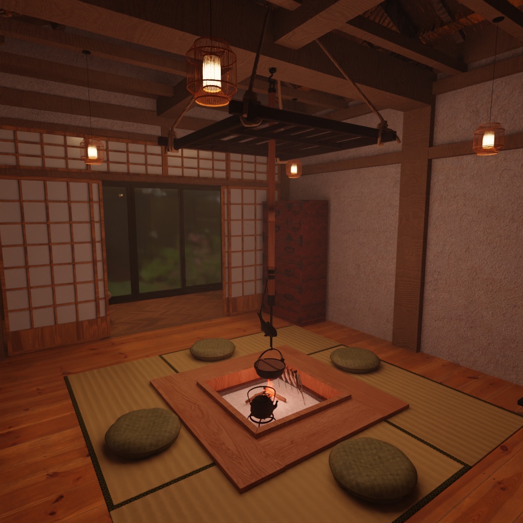 【Blender】古民家ホテル|囲炉裏のある和室と寝室セット Traditional Japanese Inn | Japanese-style Room with Irori Heater and Bedroom Set