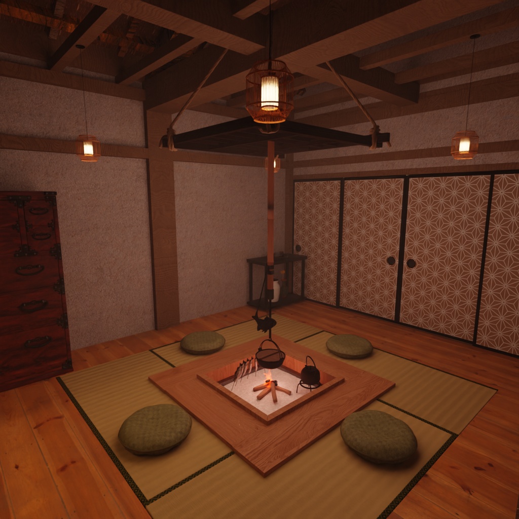 【Blender】古民家ホテル|囲炉裏のある和室と寝室セット Traditional Japanese Inn | Japanese-style Room with Irori Heater and Bedroom Set