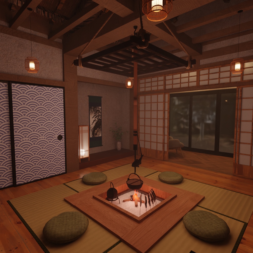 【Blender】古民家ホテル|囲炉裏のある和室と寝室セット Traditional Japanese Inn | Japanese-style Room with Irori Heater and Bedroom Set