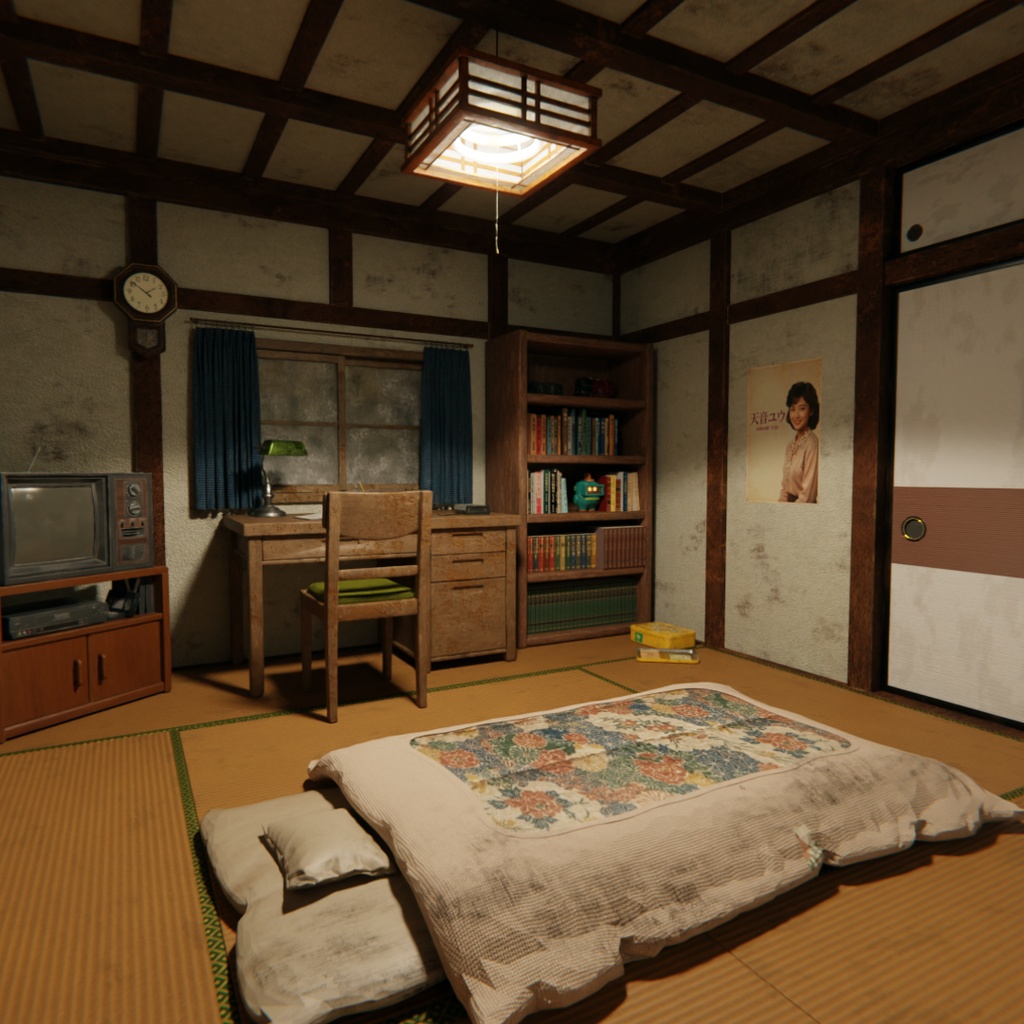 【Blender】昭和レトロな学生の部屋|懐かしい畳の下宿部屋 3Dモデル