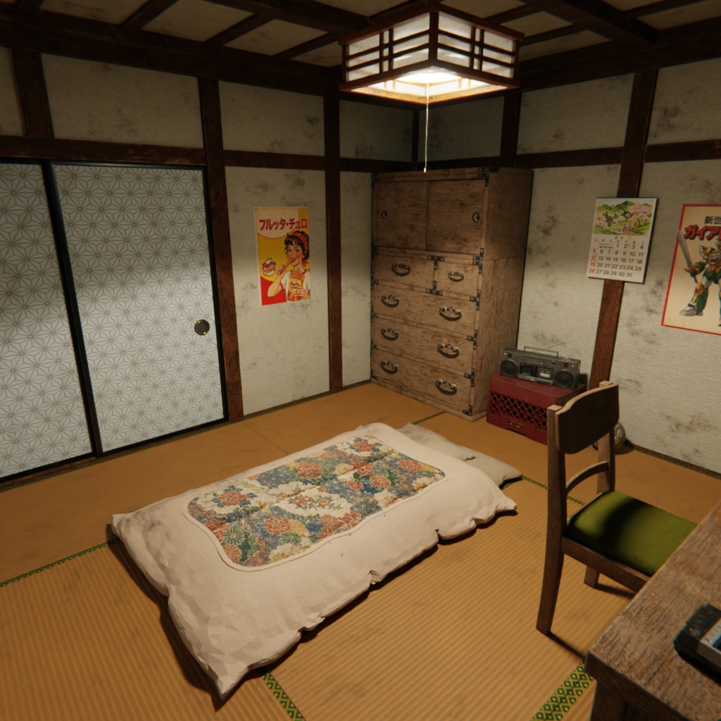 【Blender】昭和レトロな学生の部屋|懐かしい畳の下宿部屋 3Dモデル