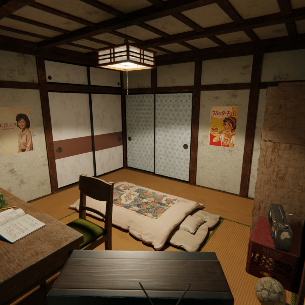 【Blender】昭和レトロな学生の部屋|懐かしい畳の下宿部屋 3Dモデル