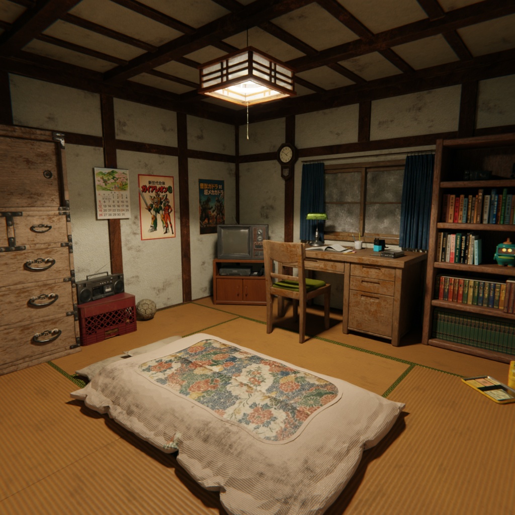 【Blender】昭和レトロな学生の部屋｜懐かしい畳の下宿部屋 3Dモデル