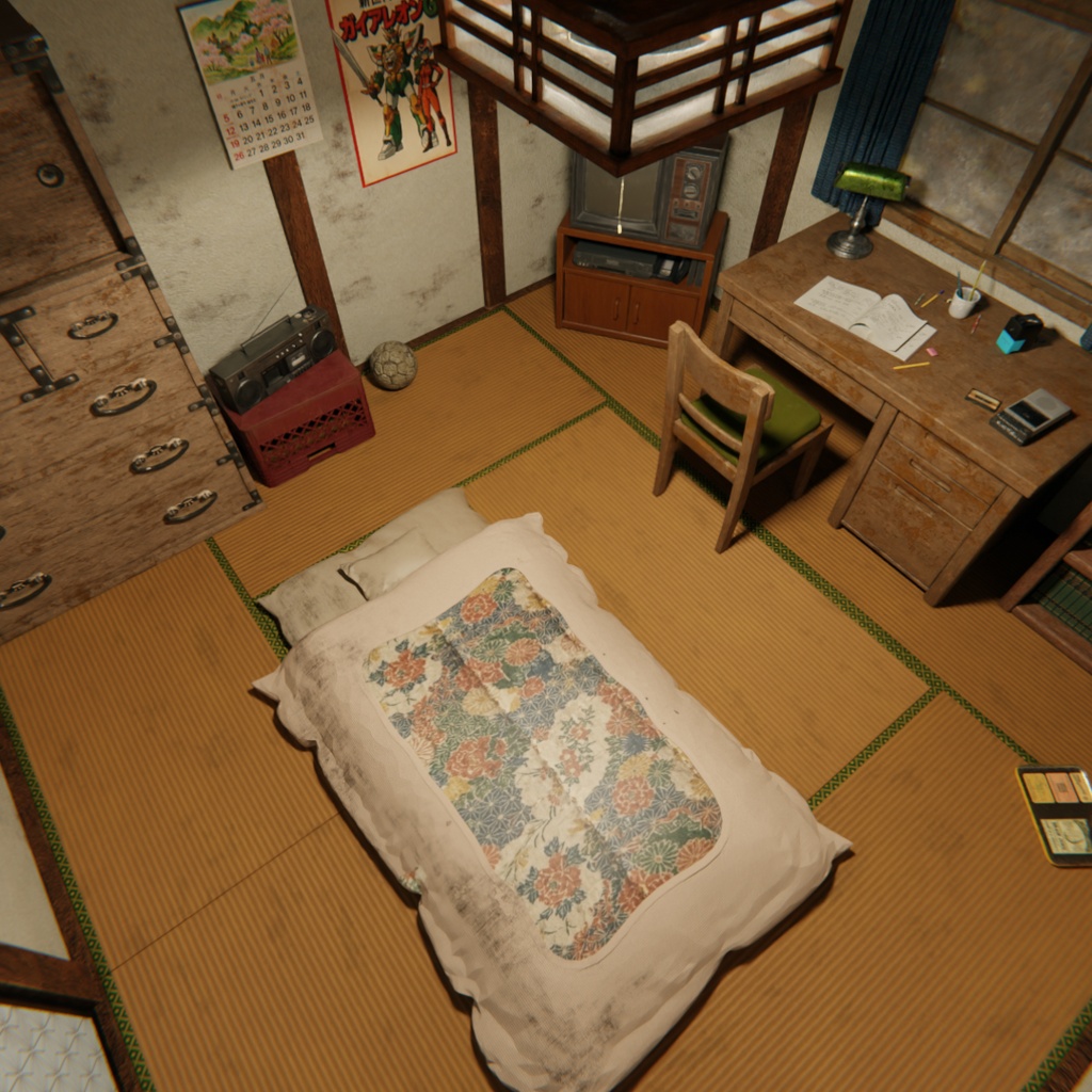 【Blender】昭和レトロな学生の部屋|懐かしい畳の下宿部屋 3Dモデル