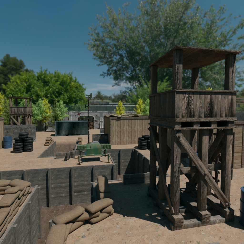 【Blender】塹壕&監視塔つき屋外サバイバルゲームフィールド