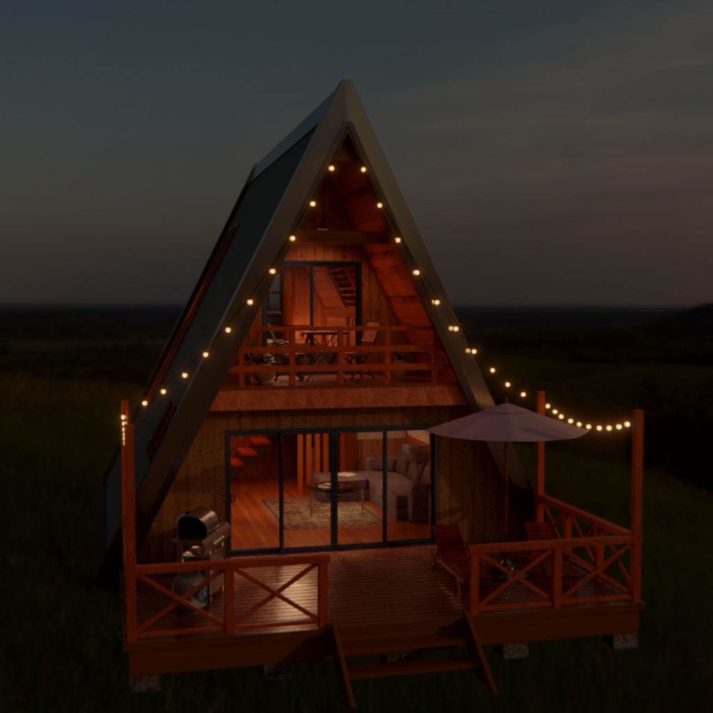 【Blender】三角屋根の温もりログハウス