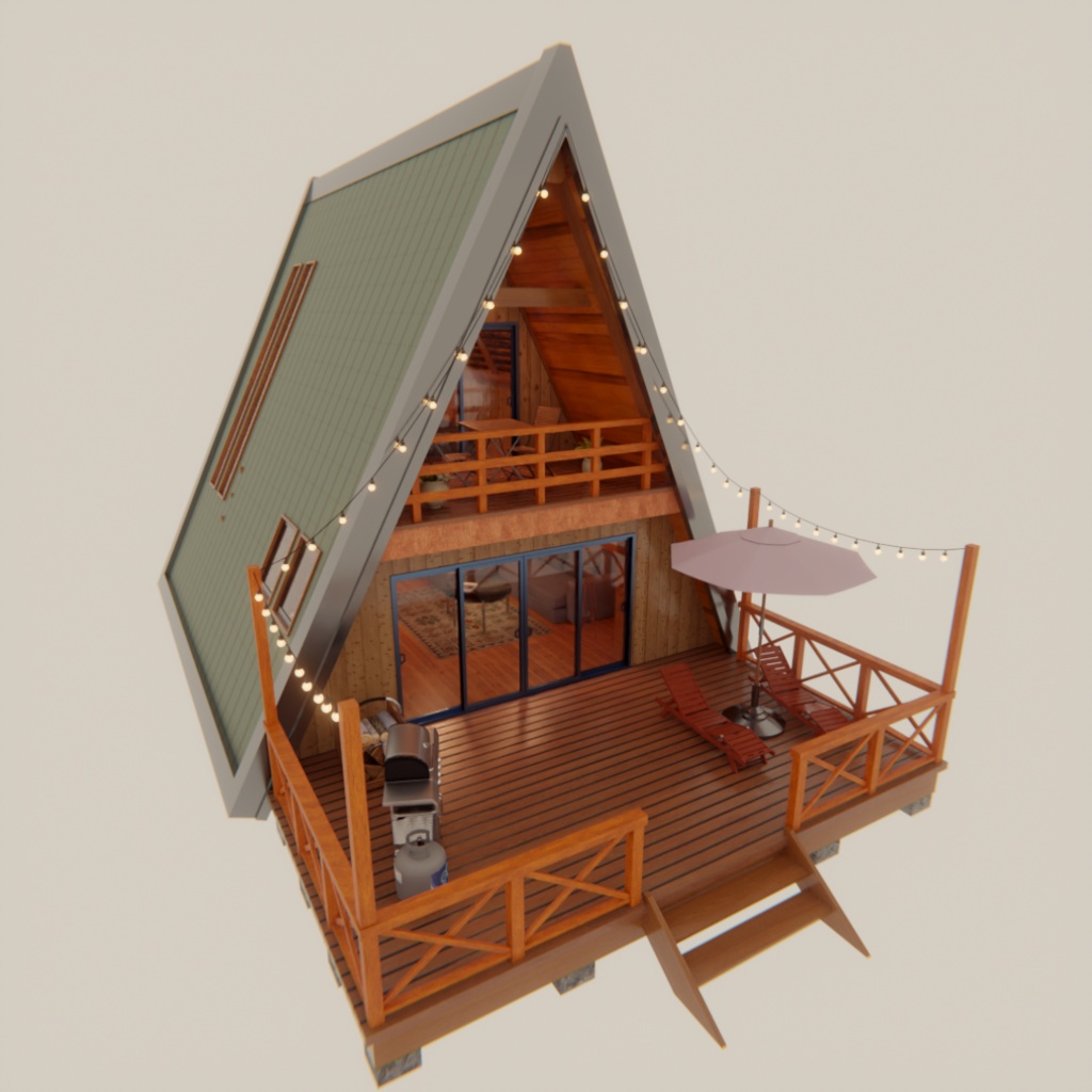 【Blender】三角屋根の温もりログハウス