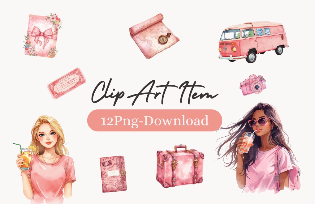 アンティークピンクが可愛い＊旅行シリーズ水彩クリップアート（全12点セット/PNG透過）