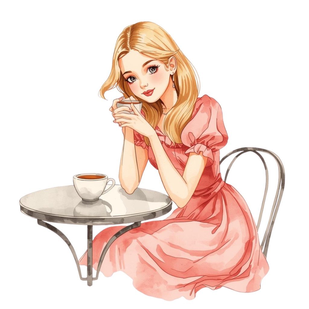 水彩画風アンティークピンクのカフェクリップアート12点セット(PNG背景透過)