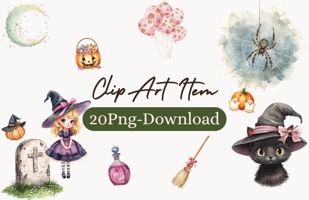 ハロウィンをテーマにした、水彩画タッチの可愛いクリップアート20点セットです。