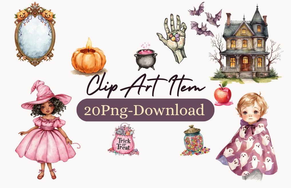 水彩画風＊アンティーク可愛いハロウィンクリップアート Part2 20点セット（PNG背景透過）