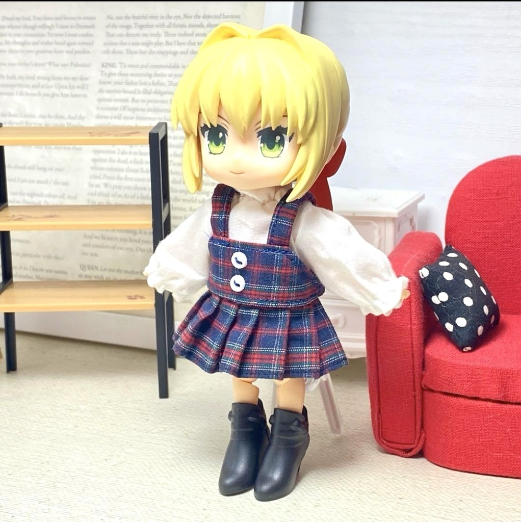 ネックギャザーシャツ&セットアップスカート(紺チェック)