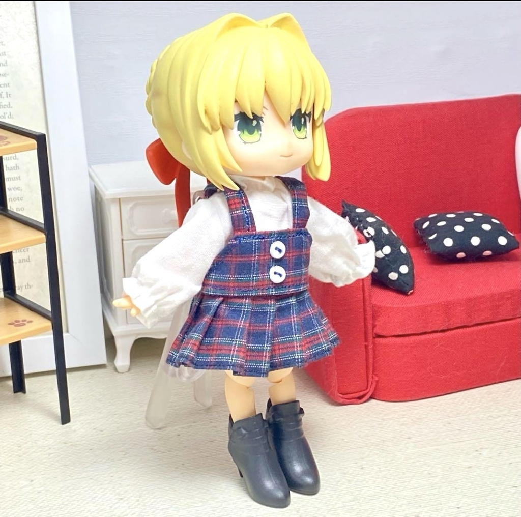 ネックギャザーシャツ&セットアップスカート（紺チェック）
