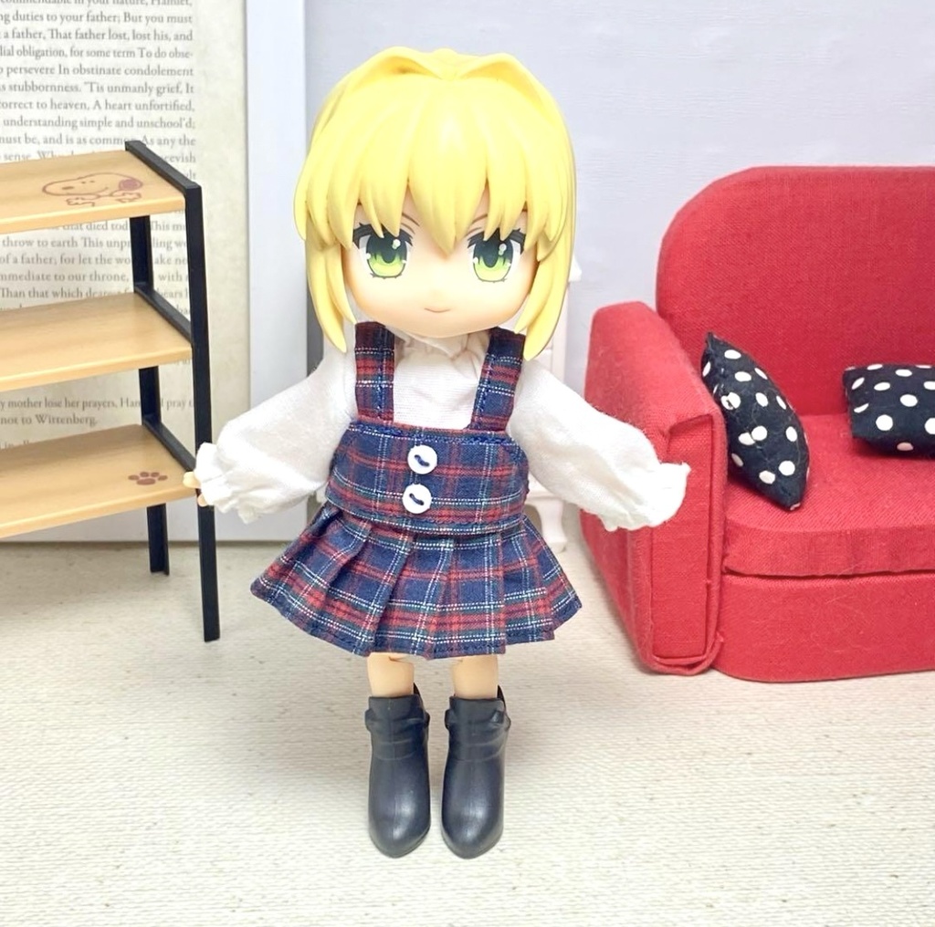 ネックギャザーシャツ&セットアップスカート(紺チェック)