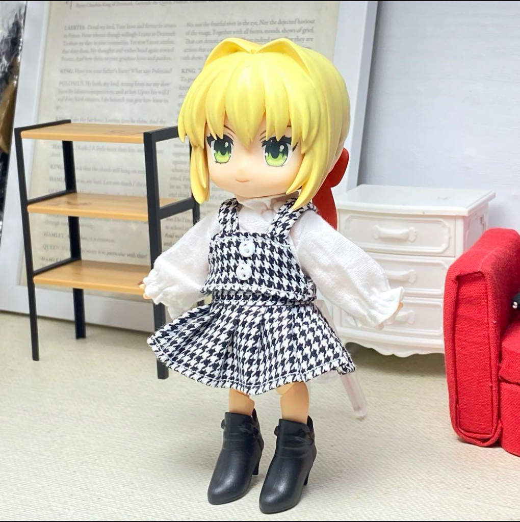 ギャザーネックシャツ&セットアップスカート(白黒千鳥)