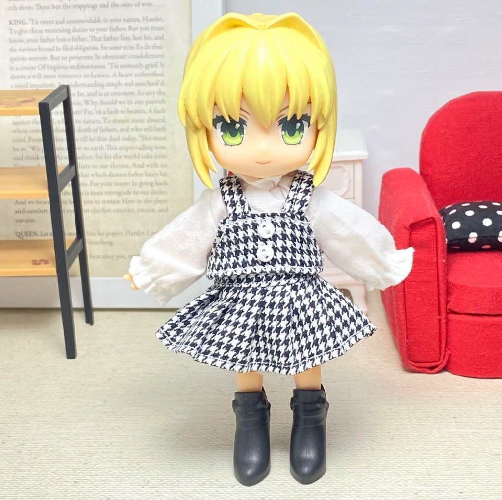 ギャザーネックシャツ&セットアップスカート(白黒千鳥)