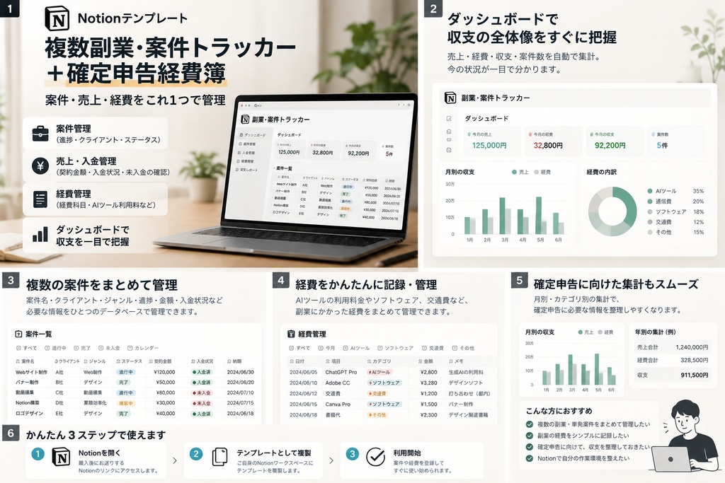 複数副業・案件トラッカー＋確定申告経費簿｜Notionテンプレート