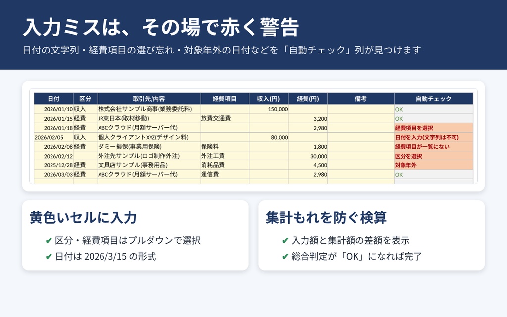 【2026年分対応】確定申告準備シート|経費を青色申告決算書の項目別に月次集計・入力ミス自動チェック付き(Excel)