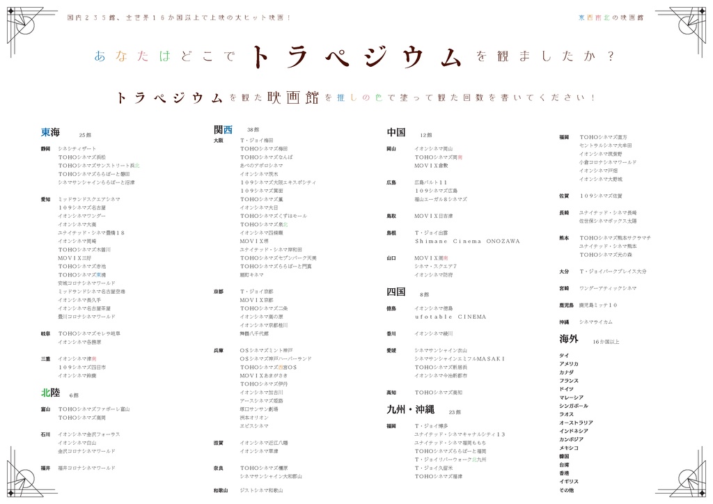 ①聖南テネリタス女学院 来学案内 ②西テクノ工業高等専門学校 来校案内 ③東西南北の映画館ガイド(仮) ④トラペジウム上映館リスト