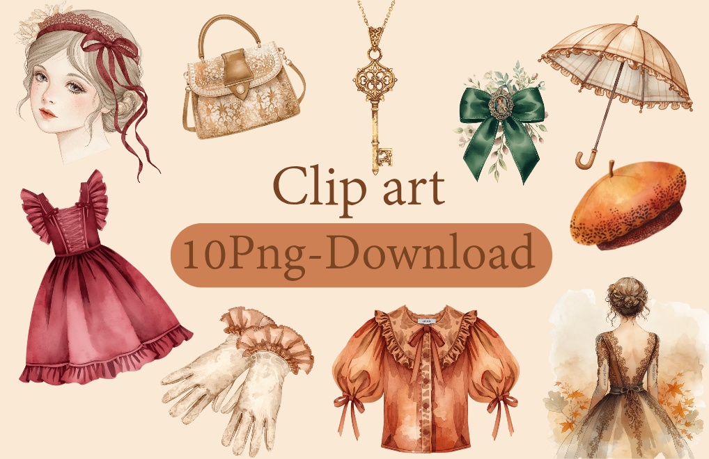 【秋色】水彩風クラシカルクリップアート10点セット|PNG背景透過