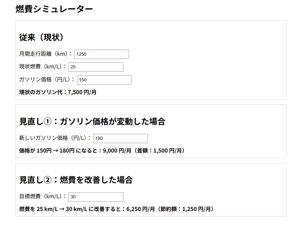 ガソリン代シミュレーター｜燃費改善・価格変動の影響を自動計算
