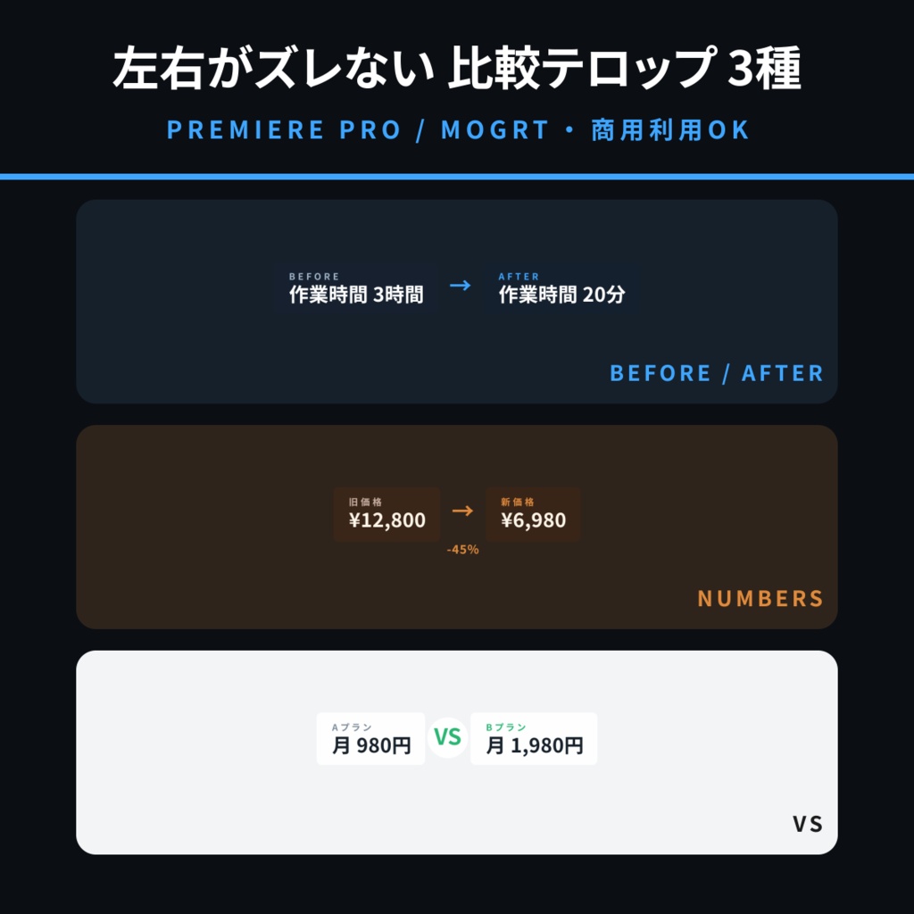 【Premiere Pro用MOGRT】Before After 比較テロップ 3種セット｜左右の枠が自動で釣り合う比較テンプレート