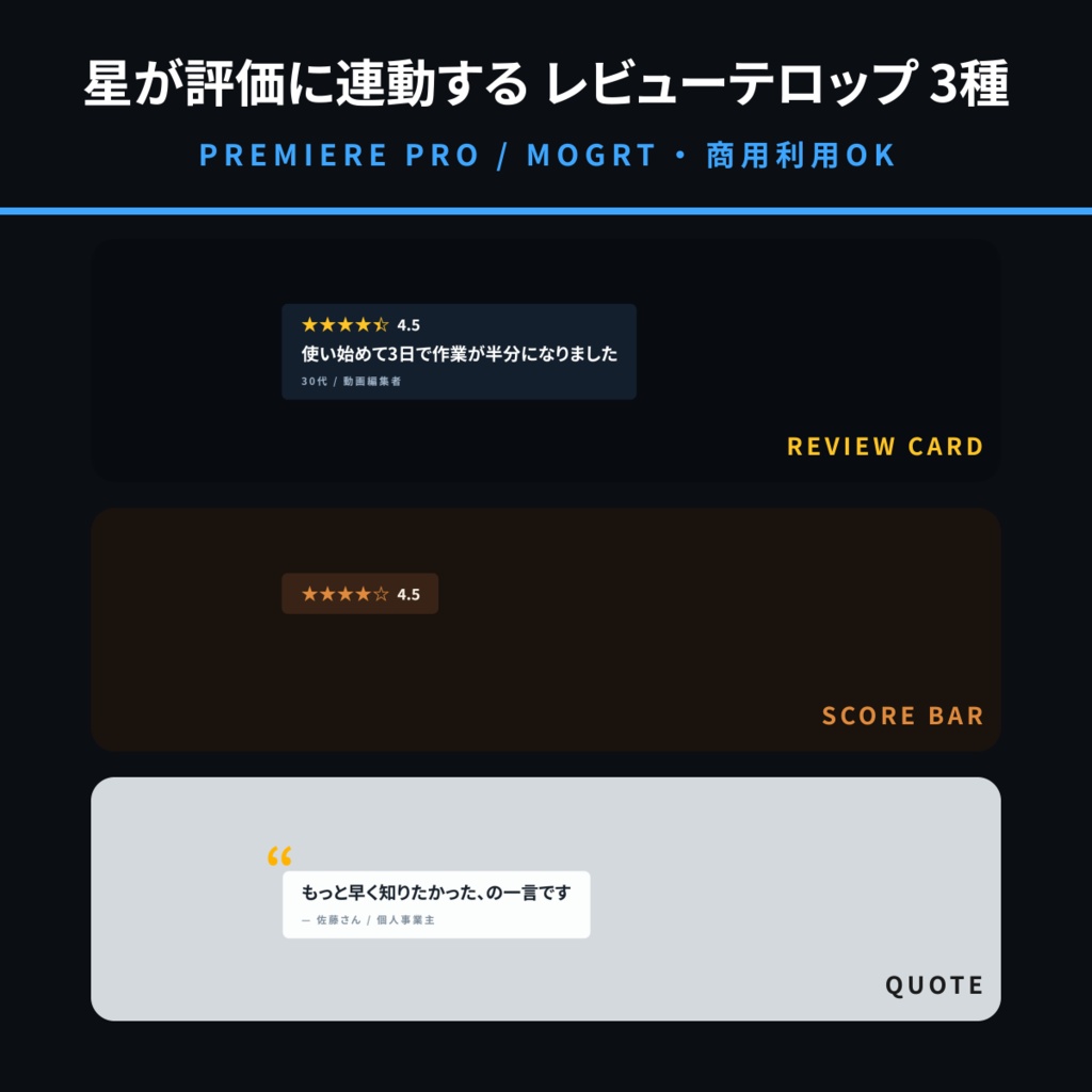 【Premiere Pro用MOGRT】レビュー・お客様の声テロップ 3種セット|星が評価に連動する口コミテンプレート