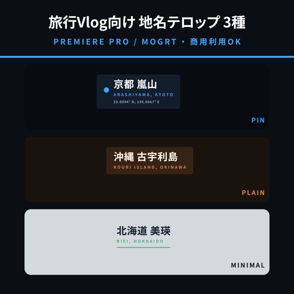 【Premiere Pro用MOGRT】地名テロップ 3種セット|旅行Vlog向け・日本語+英字の2段併記