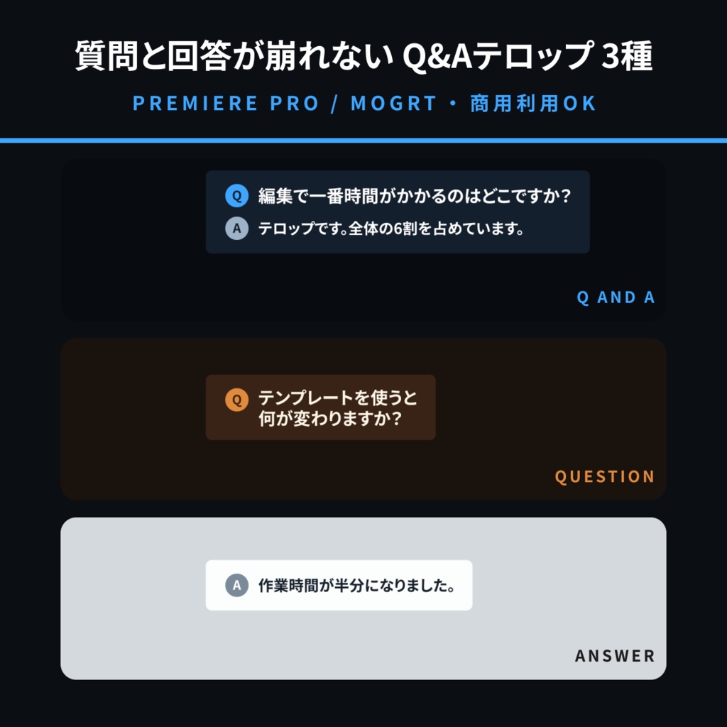 【Premiere Pro用MOGRT】Q&Aテロップ 3種セット|質問が何行でも間隔が崩れないインタビュー向け