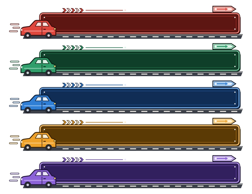 テロップ枠 ドライブ 車 道路 標識 5色セット（赤・緑・青・橙・紫）