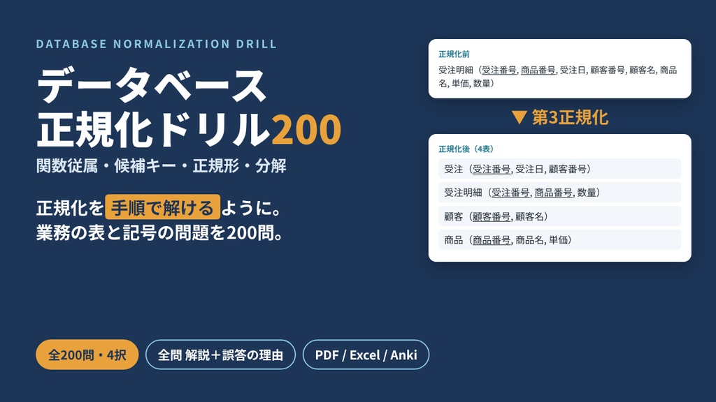 【全200問・全問解説】データベース正規化ドリル200｜関数従属・候補キー・第3正規形・BCNF（基本情報・応用情報・DBスペシャリスト対策）PDF/Excel/Anki