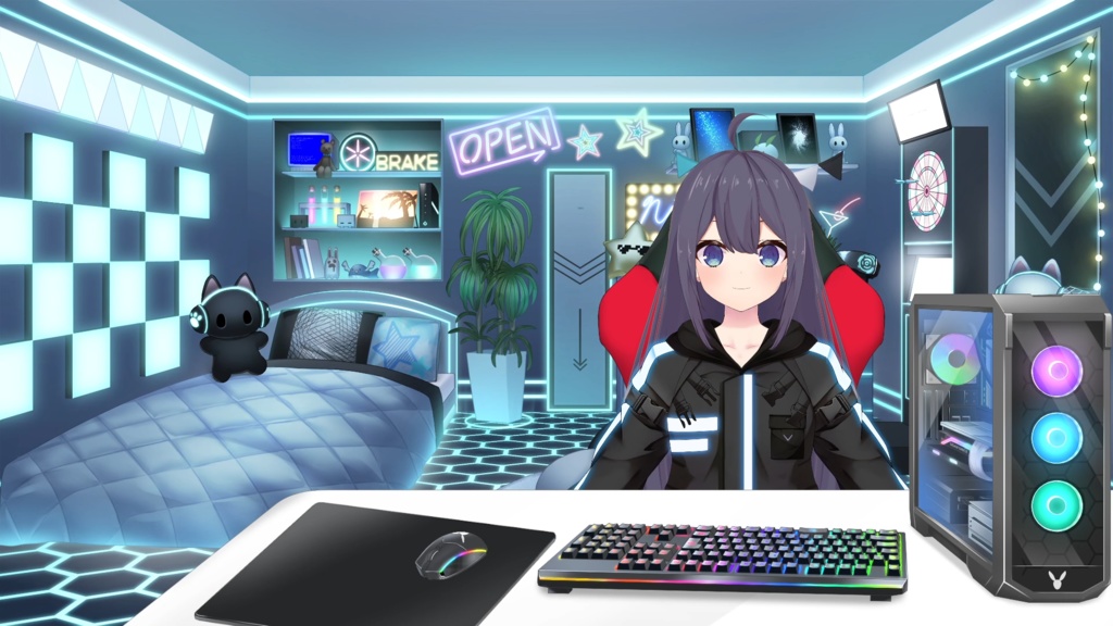 Streaming desk Set (Cyber style2) illustration【Vtuber's Room assets】