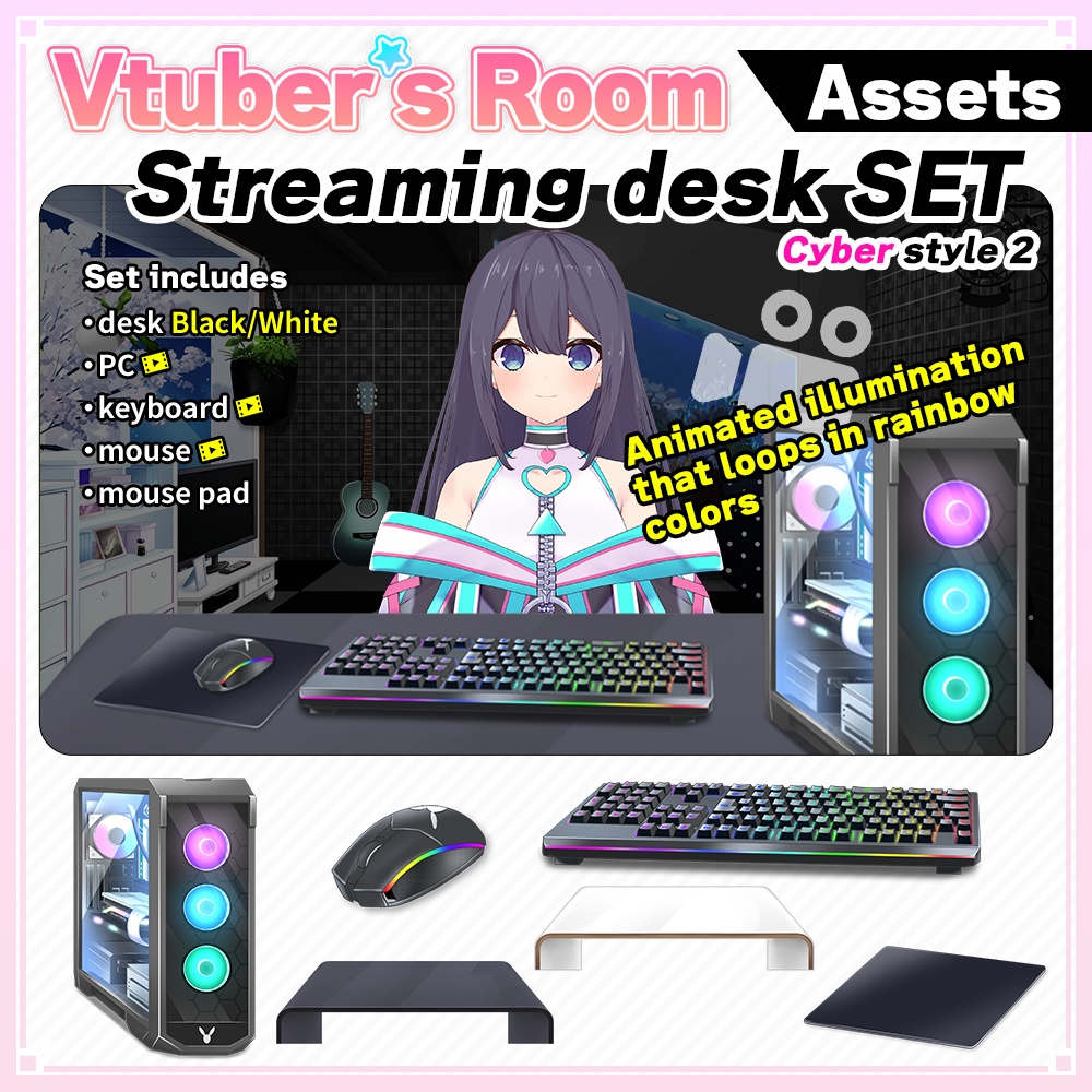 Streaming desk Set (Cyber style2) illustration【Vtuber's Room assets】