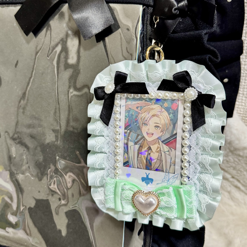 痛硬質ケース レースデコ チェキケース グリーン リボン 推し活