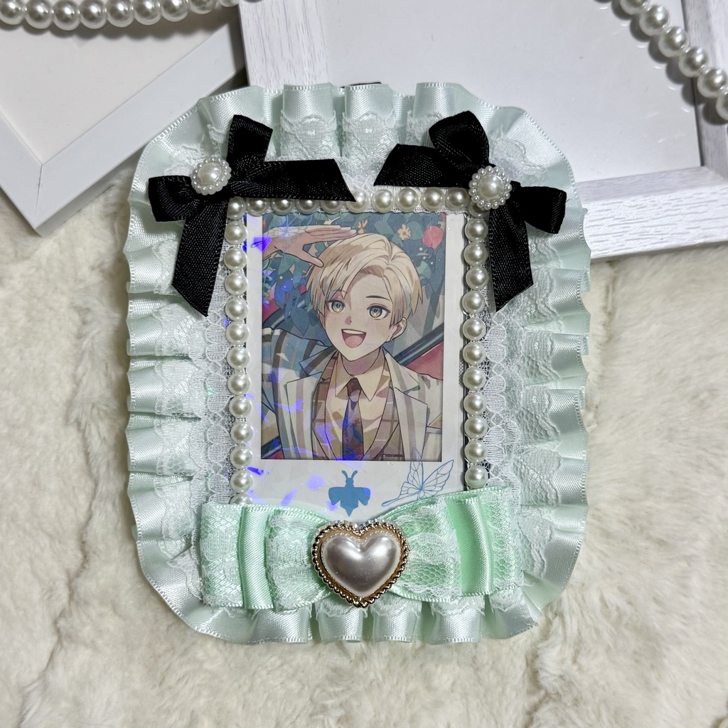 痛硬質ケース レースデコ チェキケース グリーン リボン 推し活