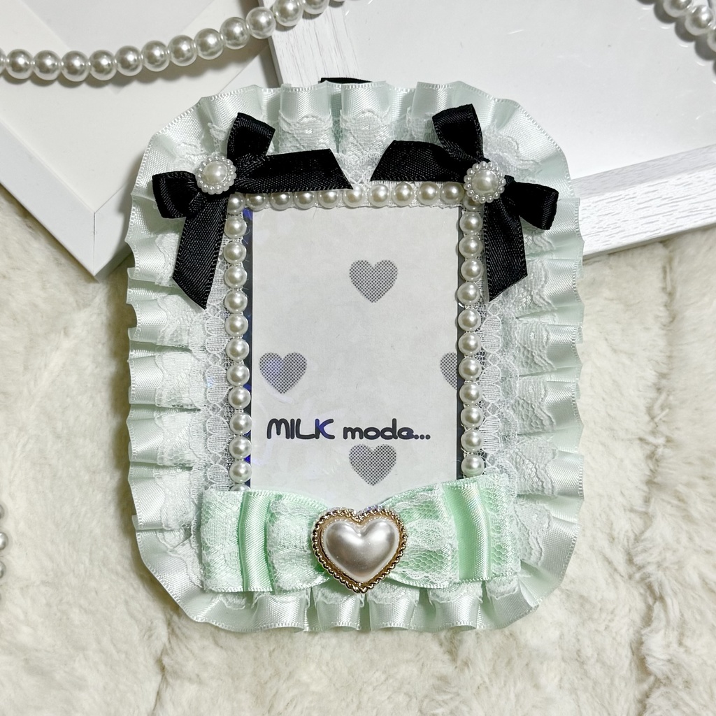 痛硬質ケース レースデコ チェキケース グリーン リボン 推し活