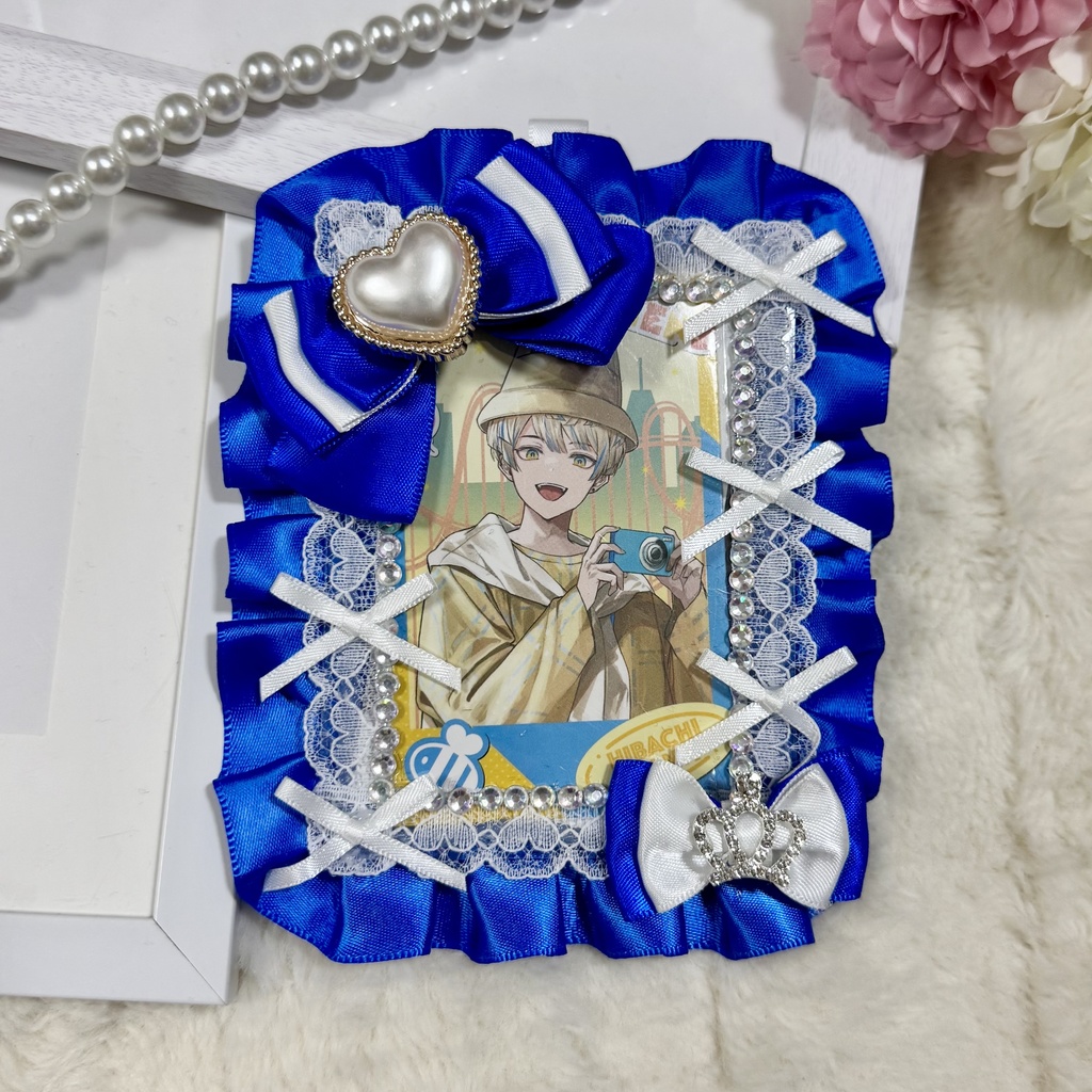 硬質ケース レースデコ ブルー 青 リボン 王冠 推し活