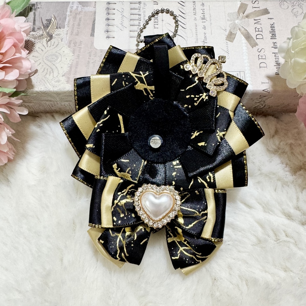 ♡春の推し活♡ロゼット レースデコ パープル ブラック ゴールド キーホルダー